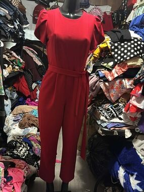 Calvin Klein Red Puff-Sleeve Belted Jumpsuit